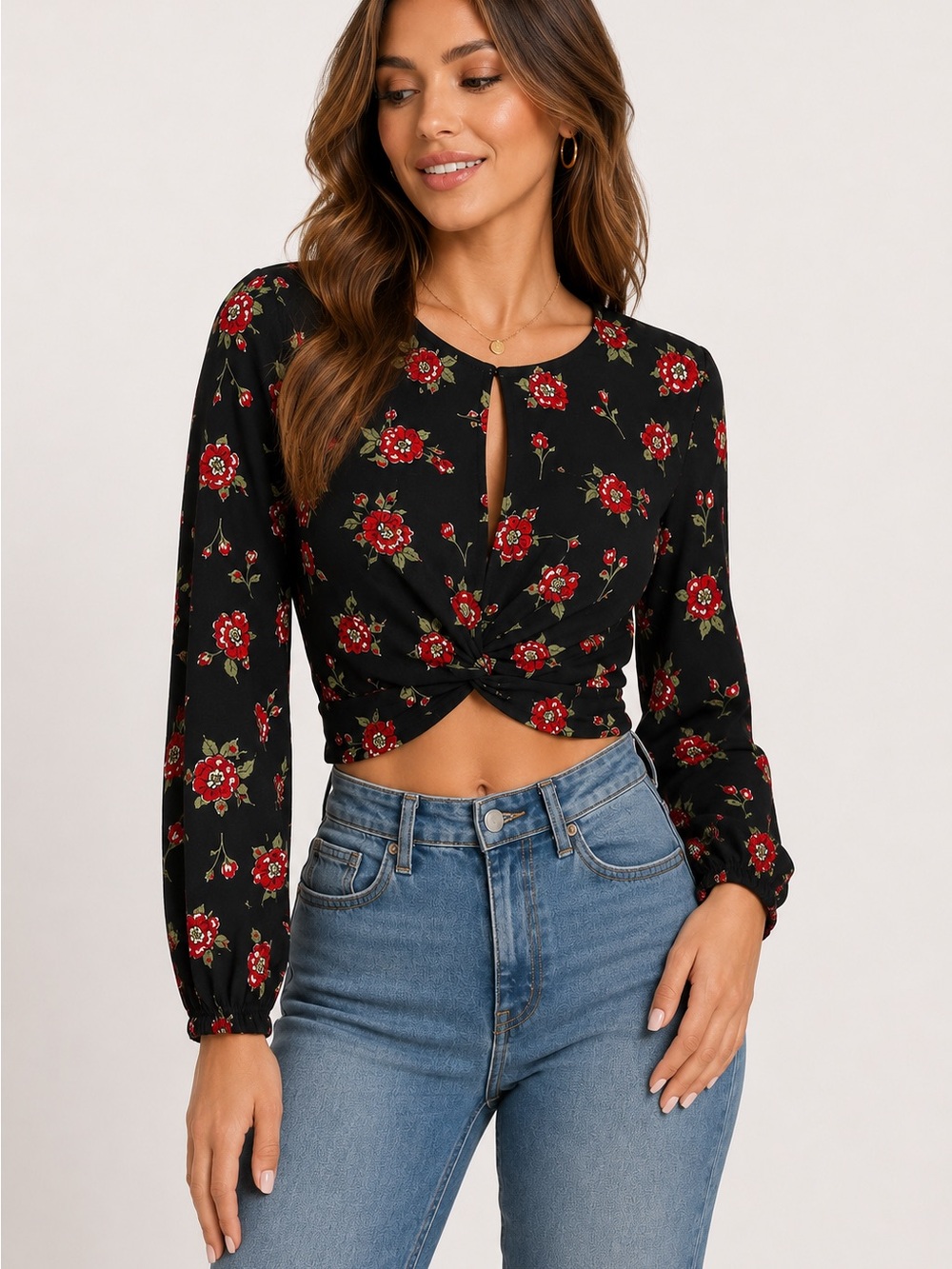 Zara Women’s Medium Black Red Floral Keyhole Twist Front Crop Top NWT Romantic - Picture 1 of 8